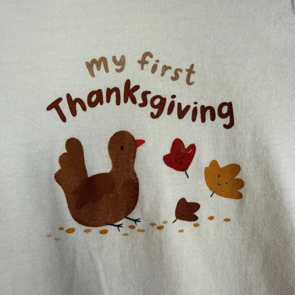 Carters 2pc Outfit 12M My First Thanksgiving Cream with Turkey Tan Striped Pants